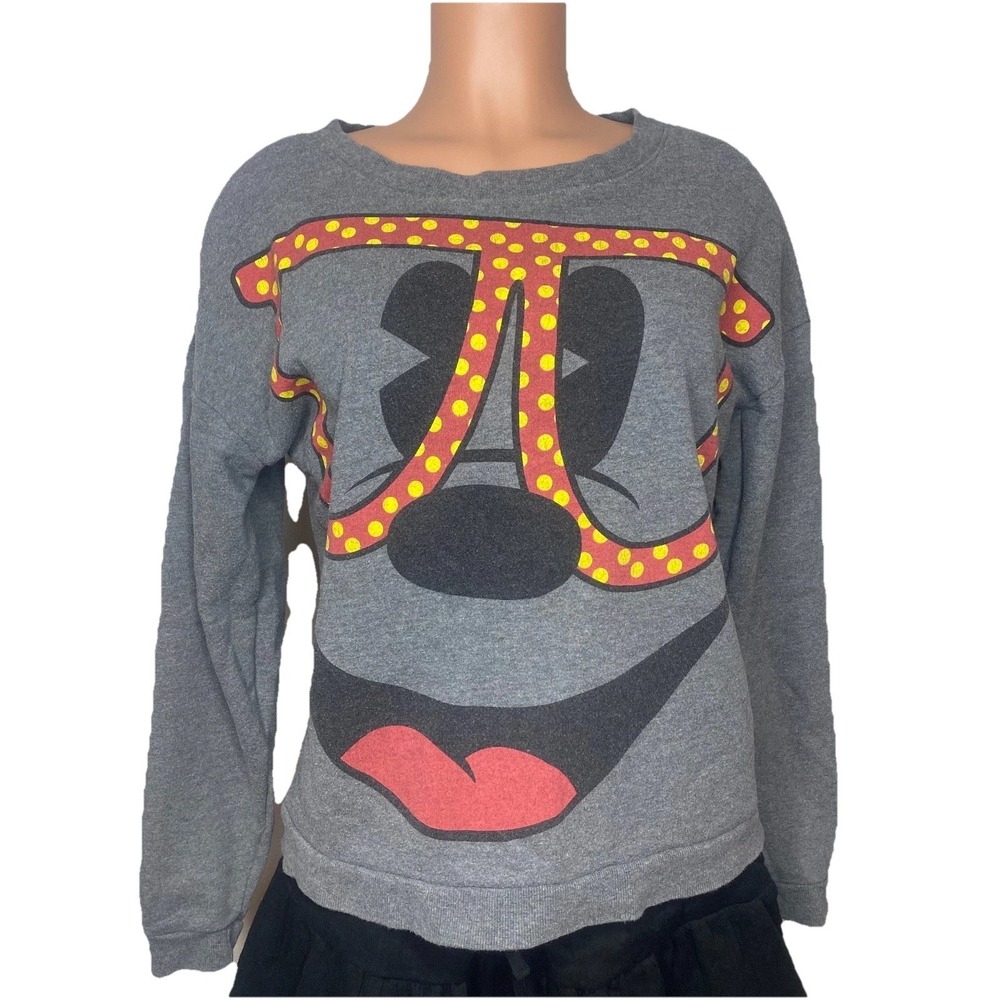 Disney Minnie Mouse Big Face Sweatshirt Womens Small Gray Glasses Polka Dots M - Picture 5 of 10